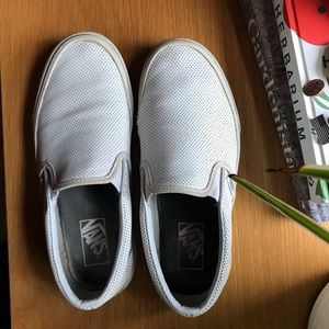 White Perforated Leather Vans Slip Ons